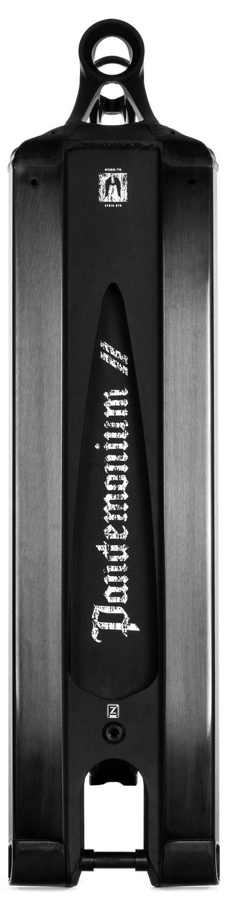 The Ethic Pandemonium V2 Boxed 8/12STD Black Stunt Scooter Deck - 5.9" features a bold white graphic with stylized text along the center and a front cutout, shown from above.