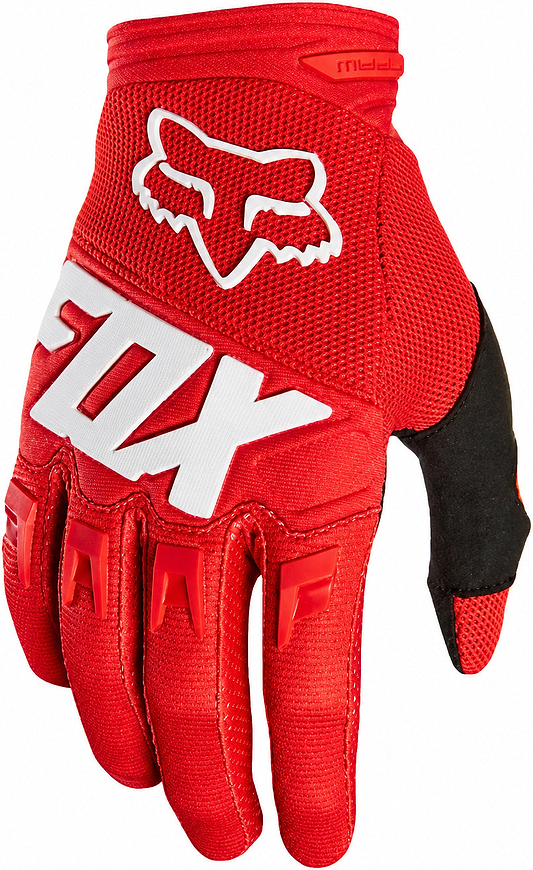 The FOX Dirtpaw Skate Protection Gloves - Red feature white and black accents, the FOX logo on the back, a stylized fox head near the wrist, and armored knuckles for extra protection.