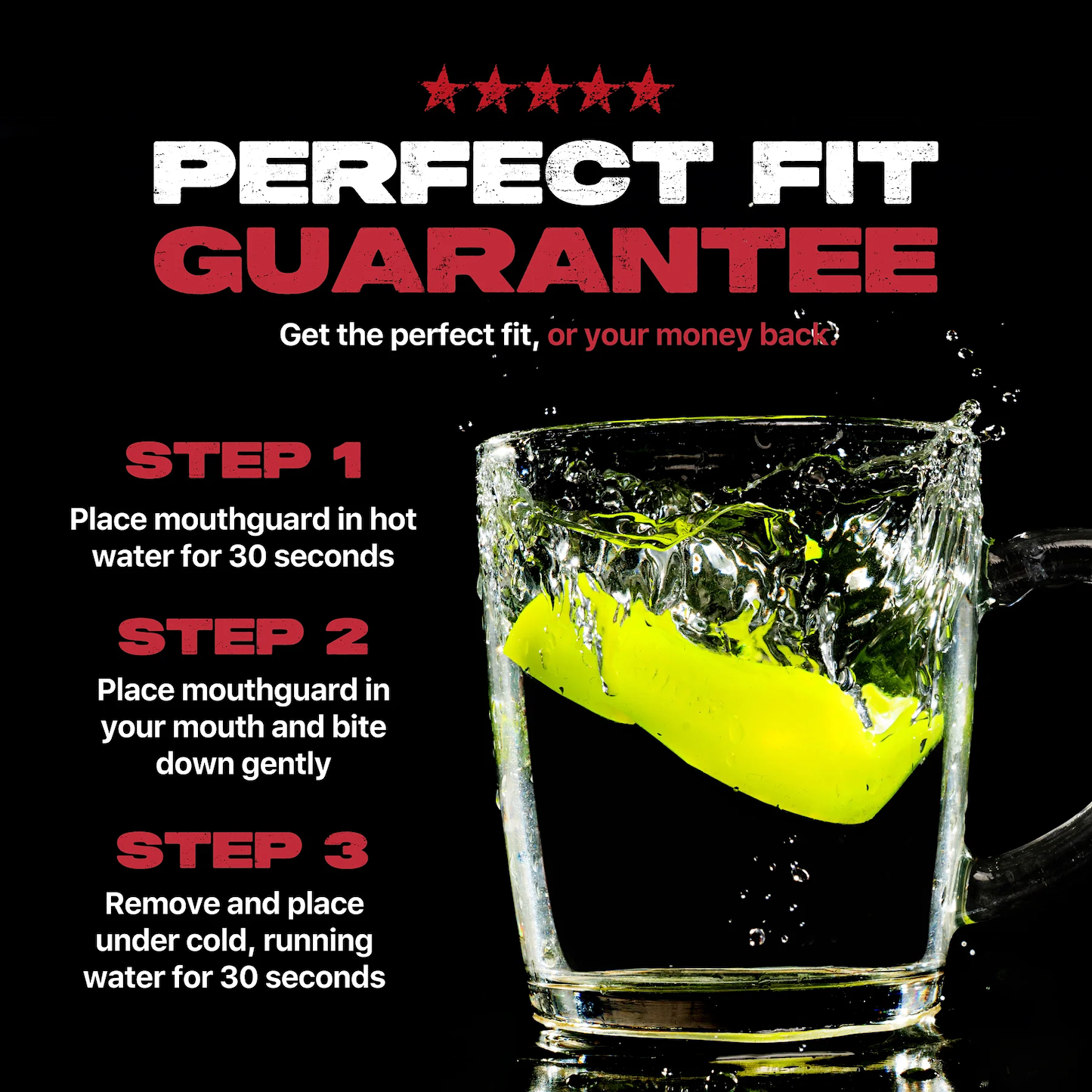 A Safejawz Intro Series Protection Mouthguard in Fluro Yellow splashes into water. Under a bold "Perfect Fit Guarantee," text details three simple steps to fit the Safejawz mouthguard using hot and cold water for comfort.