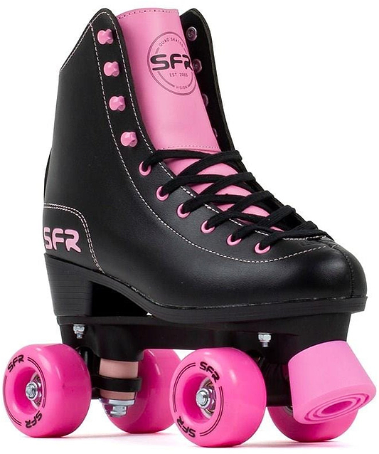 The SFR Figure Quad Roller Skates - Black/Pink feature a classic high-ankle boot with pink laces, tongue, and durable PU wheels. Branded with the "SFR" logo, they're a stylish and supportive choice for beginner skaters.