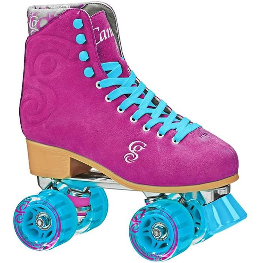 The Candi Girl Carlin Women's Quad Roller Skates, designed by Candi Grl, offer a berry pink aesthetic with complementary light blue laces and durable outdoor polyurethane wheels. With a wooden heel and an elegant decorative swirl design, these artistic quad roller skates are ideal for style-conscious skaters.