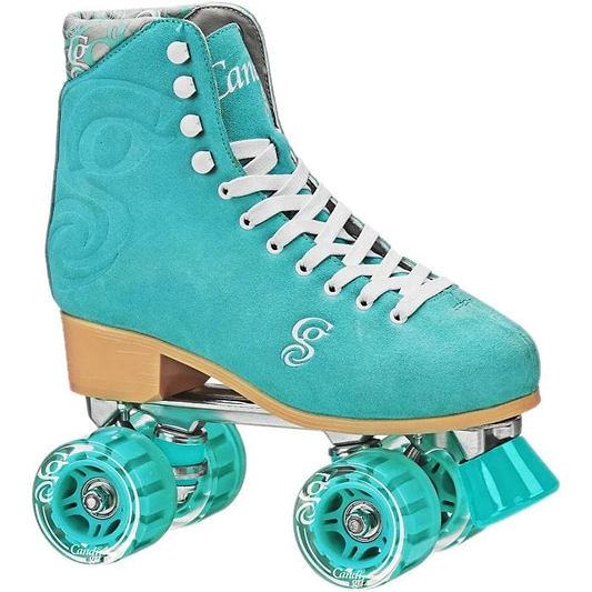 The Candi Girl Carlin Women's Quad Roller Skates by Candi Grl are a teal masterpiece with white laces, a wooden heel, and coordinating blue wheels. These artistic quad roller skates showcase refined white decorative details, a silver baseplate, and outdoor polyurethane wheels for both style and performance.