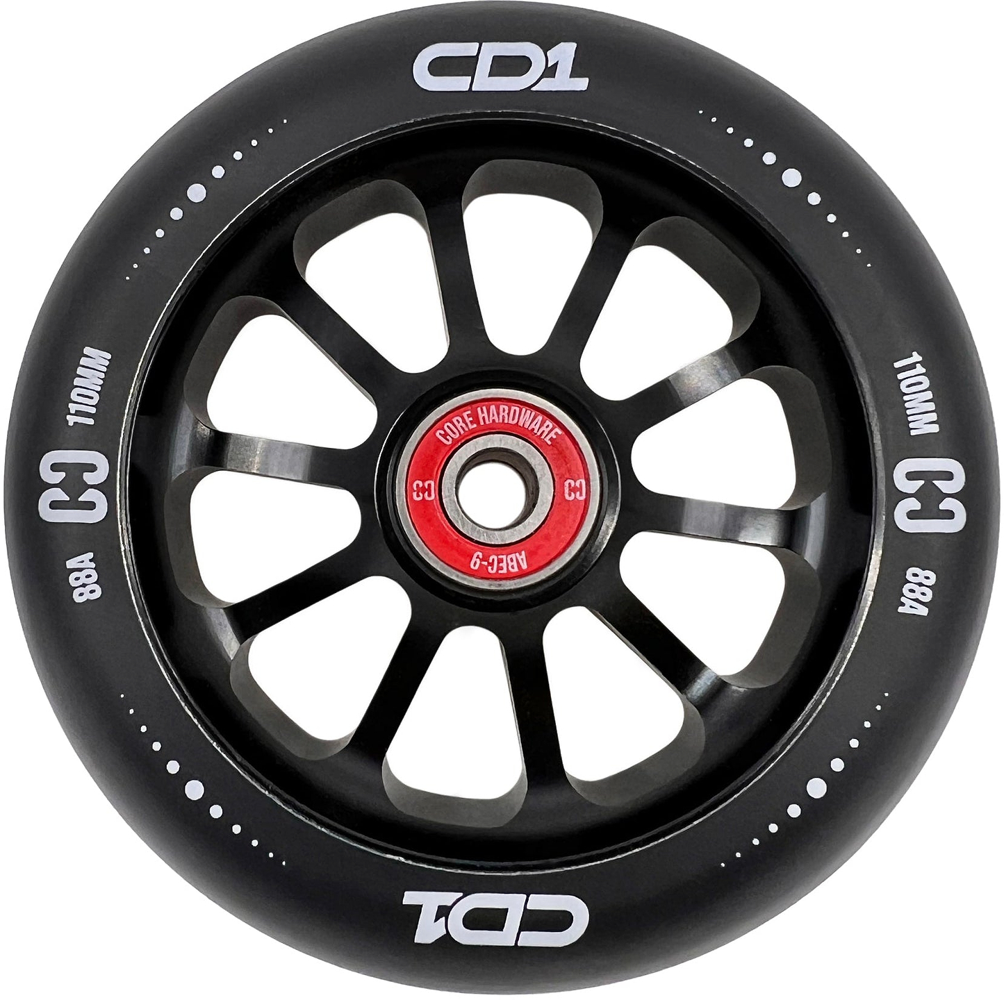 The CORE CD1 110mm Stunt Scooter Wheel - Black features a black and silver finish, red core, white "CD1" and "CORE HARDWARE" text, and multiple spokes—an eye-catching design from CORE.
