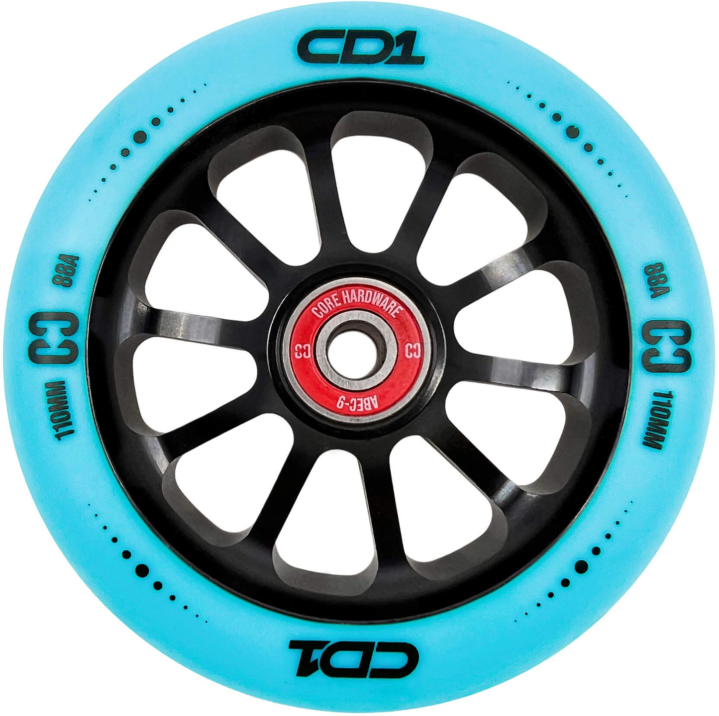 A close-up of the CORE CD1 110mm Stunt Scooter Wheel by CORE, featuring a blue outer tire, black core with "88A" hardness, and a red Core Hardware ABEC-9 bearing.