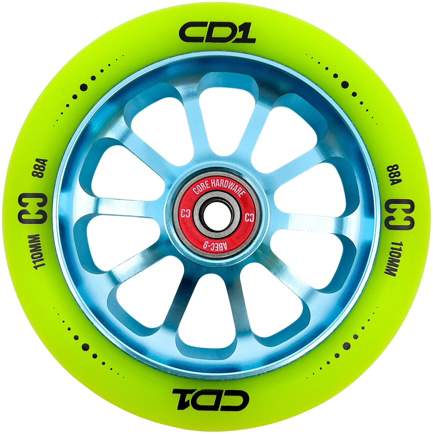A close-up of the CORE CD1 110mm Stunt Scooter Wheel in Lime/Blue, featuring “CD1”, “110 mm”, and “88A” in black on the tire and “Core Hardware” on the red hub. This hollowcore wheel has ten blue spokes.