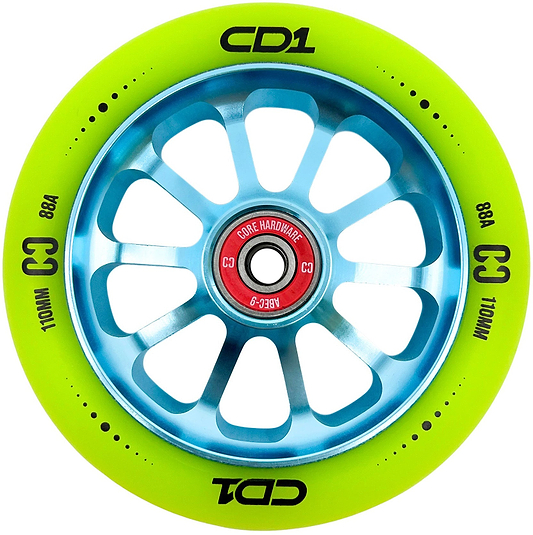A close-up of the CORE CD1 110mm Stunt Scooter Wheel in Lime/Blue, featuring “CD1”, “110 mm”, and “88A” in black on the tire and “Core Hardware” on the red hub. This hollowcore wheel has ten blue spokes.