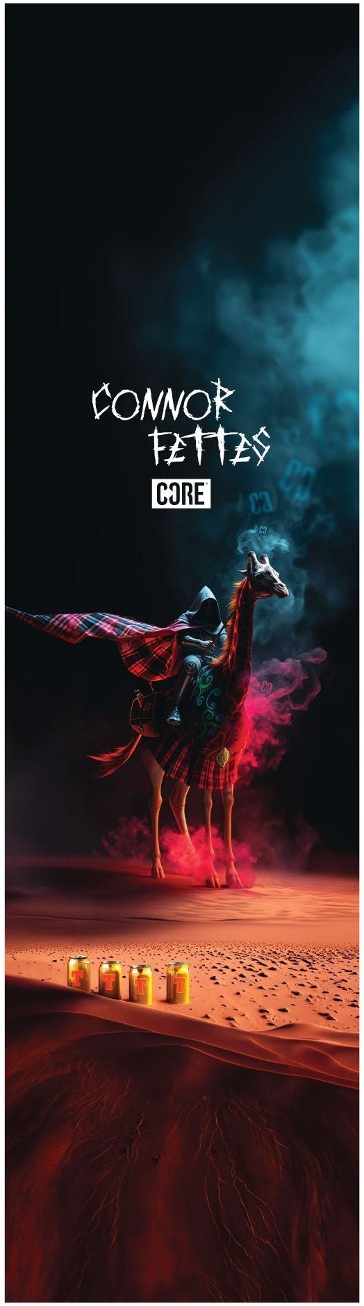 A cloaked figure rides a camel across a smoky desert at night. Four cans and the CORE Signature Stunt Scooter Griptape - Connor Fettes lie on the sand. “Connor Battles Core” is displayed at the top.