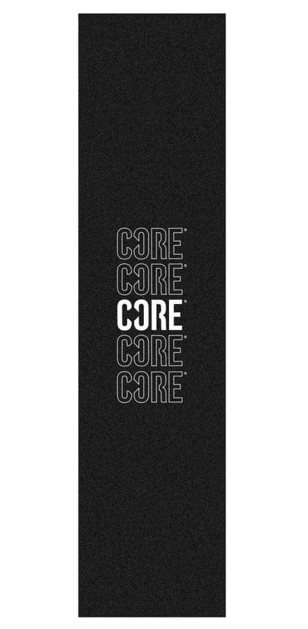 On a black backdrop, the text "CORE" is displayed five times vertically in bold white capital letters with differing thickness and transparency, reminiscent of visually striking graphics akin to those on the CORE Stunt Scooter Griptape - Echo.