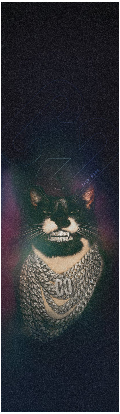 A cat sporting a diamond chain necklace with a "GQ" pendant and grill poses in neon-lit smoke, channeling the bold style of CORE's Signature Stunt Scooter Griptape - 'Halfbarz' Jack Ward V2.