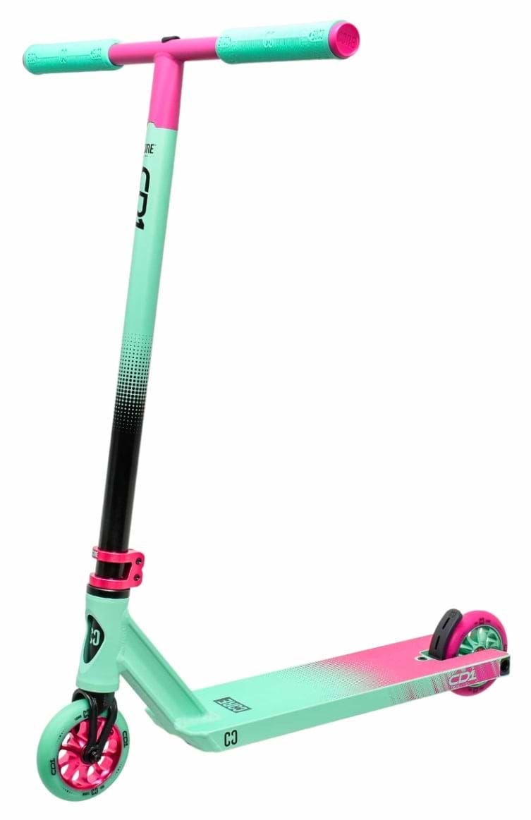 Introducing the CORE CD1 Complete Stunt Scooter by CORE, designed in a chic teal and pink gradient. This scooter is equipped with a durable black and pink eco-friendly handlebar, vibrant pink wheels, and a sleek teal deck. It's the perfect choice for beginner riders who prioritize both performance and style.