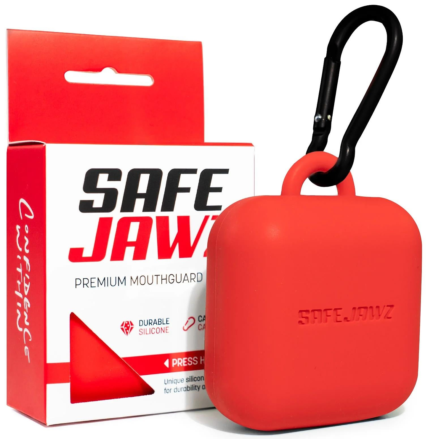 A Safejawz Premium Silicone Mouthguard Case in red, featuring a black carabiner, is displayed before its packaging, which highlights the Safejawz brand and the phrases “premium silicone mouthguard case” and “durable silicone.”.