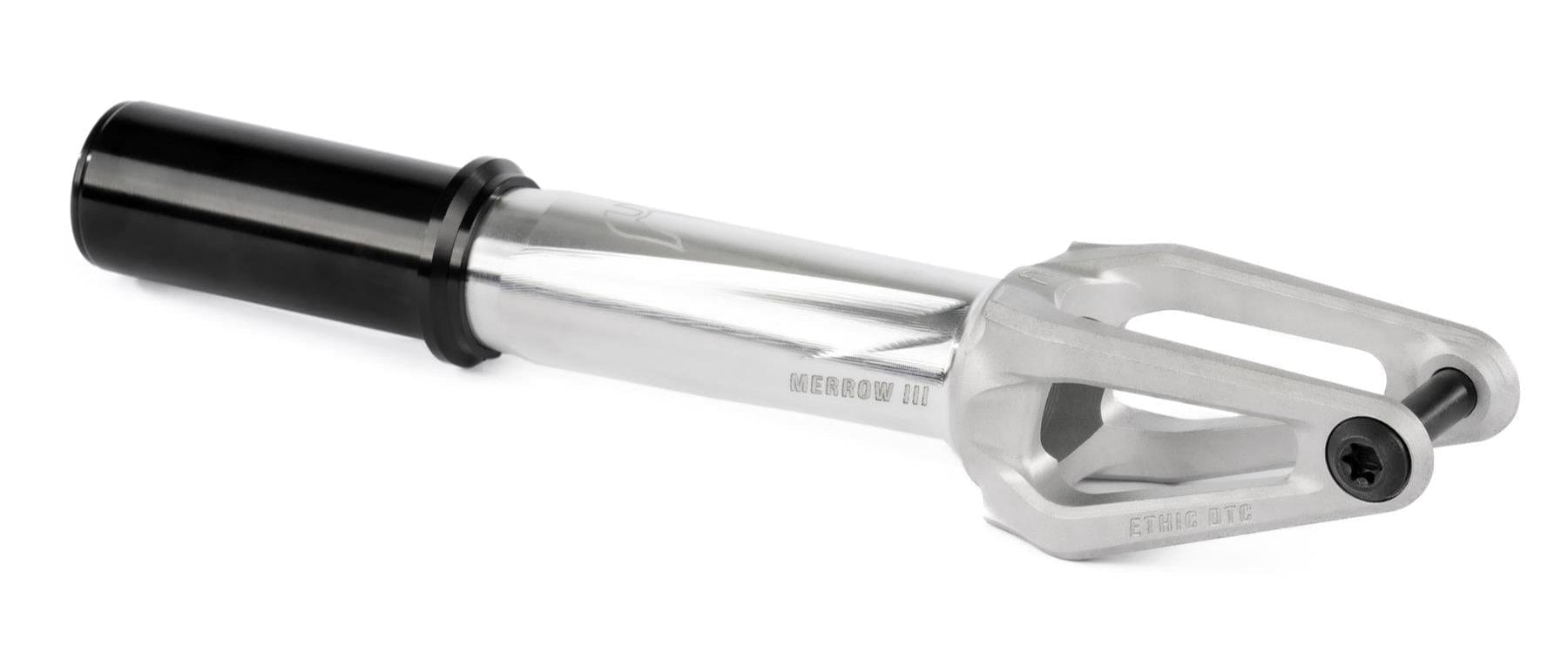 The Ethic DTC Merrow V3 IHC Stunt Scooter Fork in raw silver is a lightweight, machined 7075 aluminium fork with two wheel prongs and a black compression cap, shown on a white background.