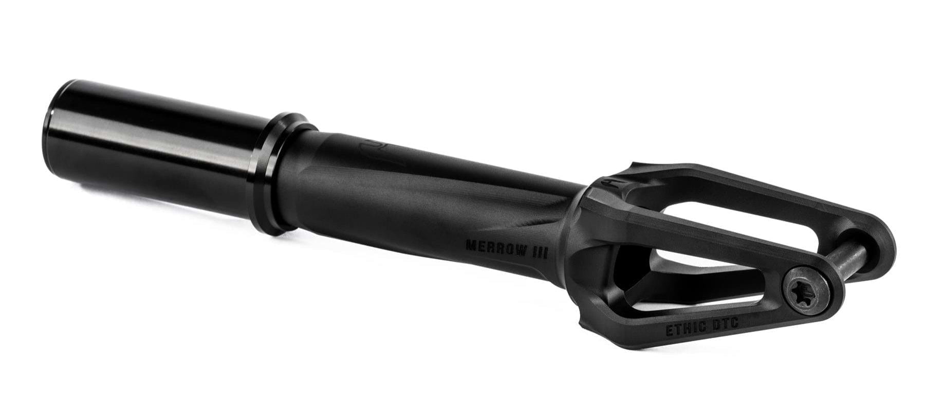 The Ethic DTC Merrow V3 IHC Stunt Scooter Fork in black is crafted from 7075 aluminium, features a smooth cylindrical tube with an open, angular pronged end and branded "MERROW III" and "ETHIC DTC" on the side—one of the lightest forks available.