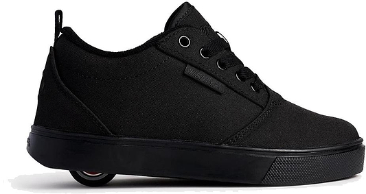 The Heelys Pro 20 Boys Shoes - Triple Black Canvas combine classic black sneaker style with a low profile, laces, and a visible heel wheel—perfect for kids who want to skate or roll in style.