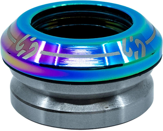 The CORE Icon Integrated Stunt Scooter Headset in Neochrome by CORE features a metallic rainbow finish, etched details, and a round layered design with smooth reflective surfaces—ideal for upgrading scooter bearings.