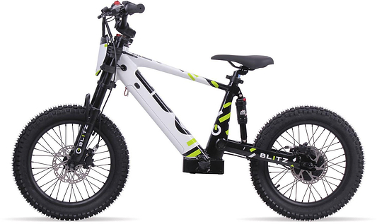 The Duo 18" Blitz Kids Electric Balance Bike in white and black features thick knobby tires, front and rear suspension, disc brakes, and green accents. Shown side profile on a white background. Brand: Duo.