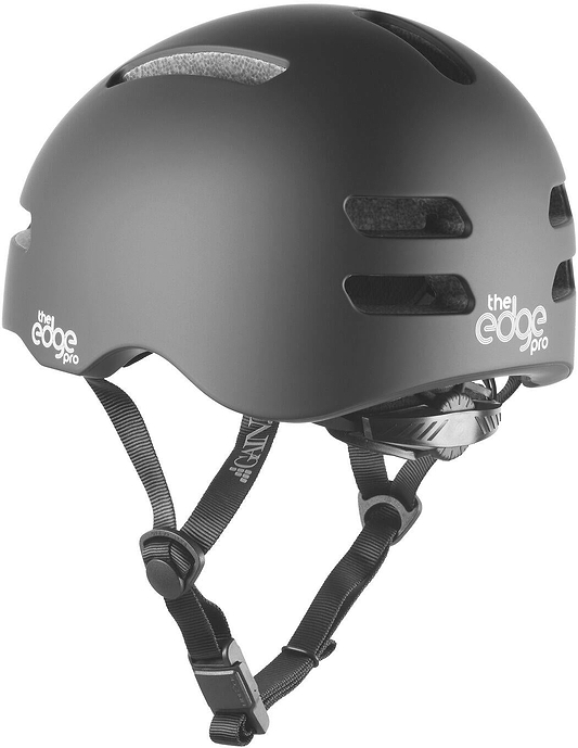 The GAIN Protection The Edge Pro Skate/Scooter Helmet in black features ventilation slots, adjustable straps with Fidlock magnetic buckle, "the edge pro" on the side, and featherlight in-mould tech for great comfort and protection.