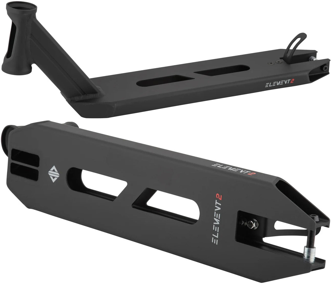 Two angles of the Drone Element 2 Evo Feather-Light Black Stunt Scooter Deck - 4.5" show its sleek cutout design and rear metal brake—ideal for lightweight park setups. Brand: Drone.