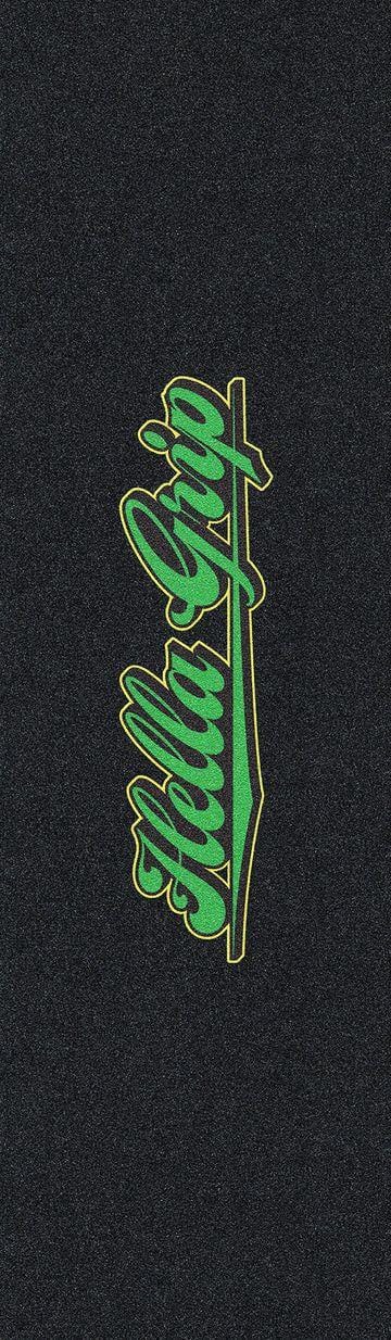 The Hella Grip Classic Stunt Scooter Griptape - 1998 features a black textured surface with "Hella Grip" in bold green and yellow script, centered on durable Silicone Carbide Grit for long-lasting performance.