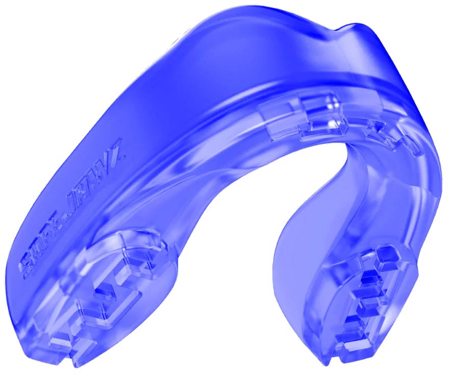 The Safejawz Extro Series Protection Mouthguard - Ice by Safejawz is a translucent blue, curved sports mouthguard with textured edges, embossed branding, and offers hi-impact protection for teeth during sports or physical activities.