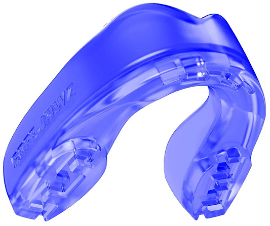 The Safejawz Extro Series Protection Mouthguard - Ice by Safejawz is a translucent blue, curved sports mouthguard with textured edges, embossed branding, and offers hi-impact protection for teeth during sports or physical activities.