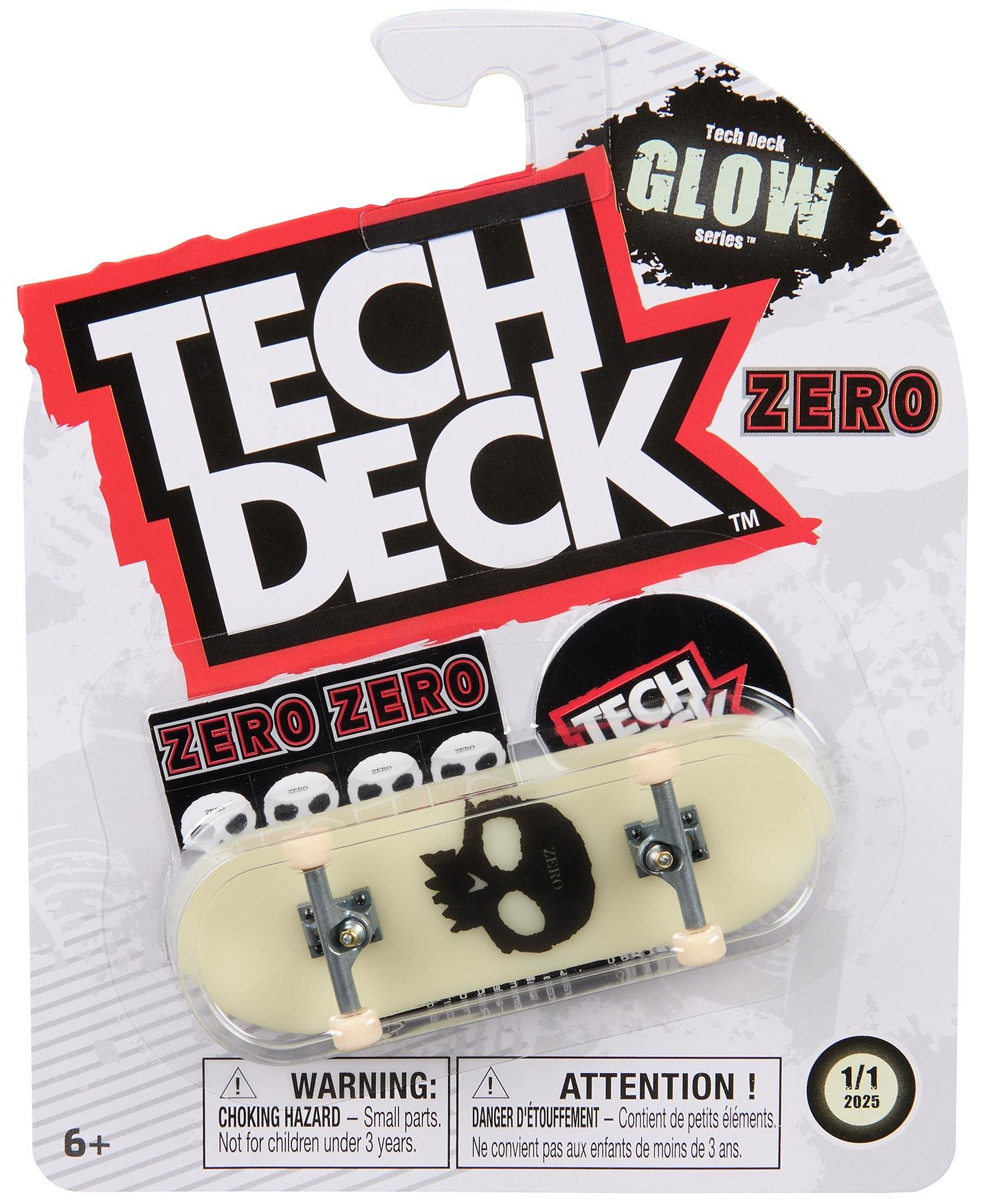 A packaged Tech Deck 96mm M57 Fingerboard by Zero, featuring a white board with a black skull design, is shown on branded cardboard. Warning labels and age recommendations appear at the bottom.