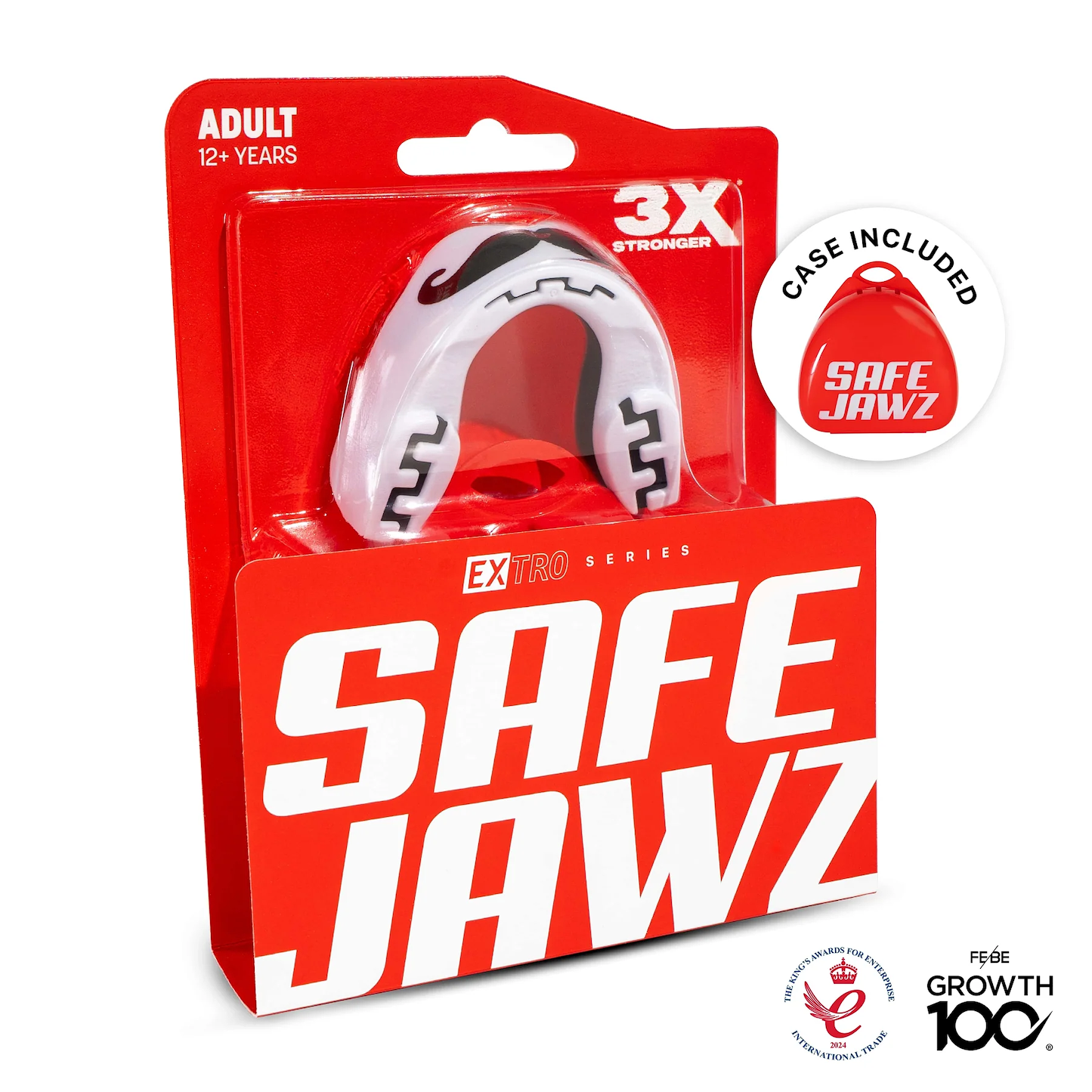 The Safejawz Extro Series Protection Mouthguard - Mo for adults features a moustache design, "3X Stronger" hi-impact protection, comes with a case, and is packaged in mostly red with bold white "SAFEJAWZ" branding.