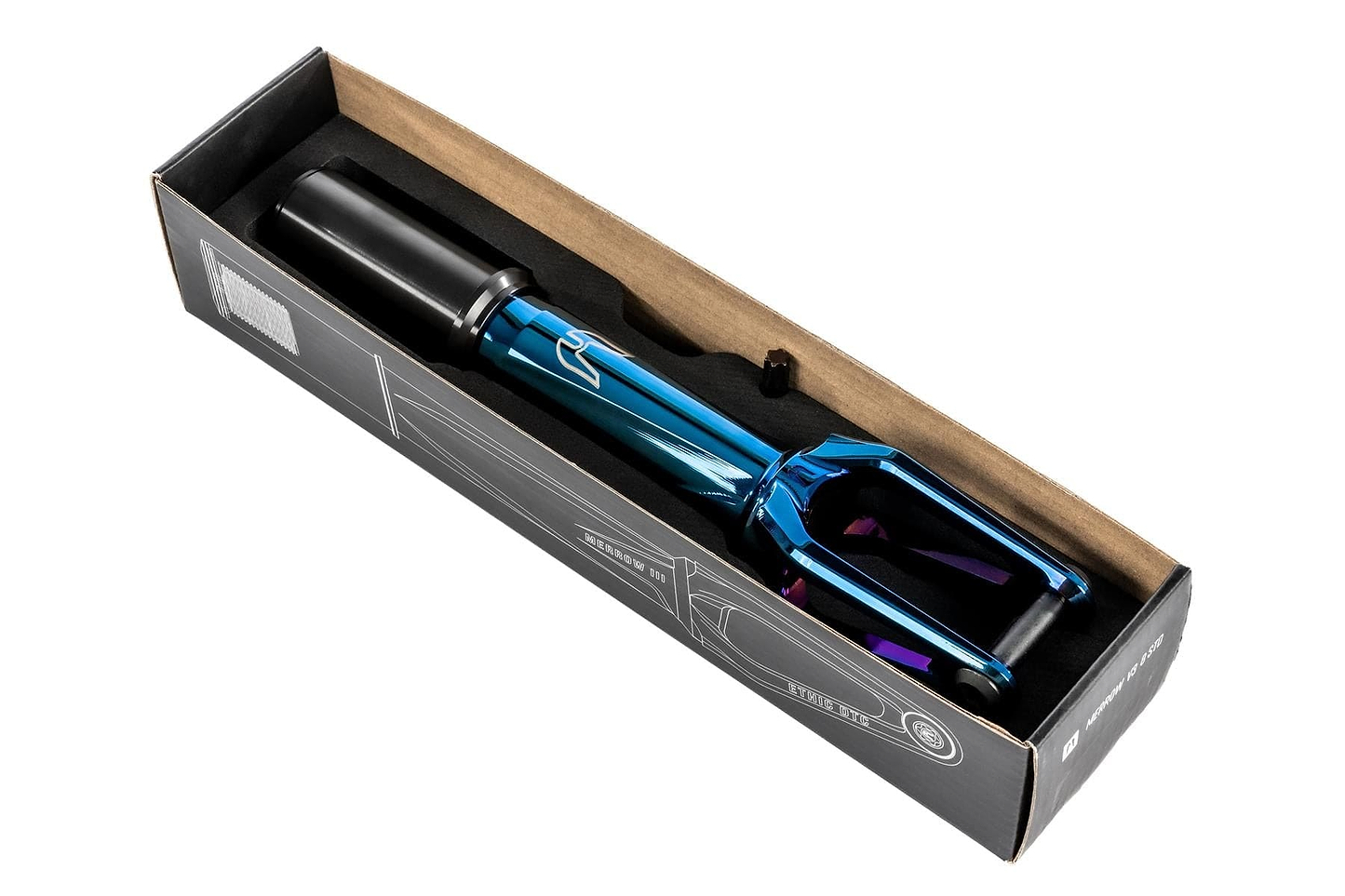 The Ethic DTC Merrow V3 IHC Stunt Scooter Fork in Chrome Blue, one of the lightest 7075 aluminium forks, comes in a black box featuring a simple line fork drawing.