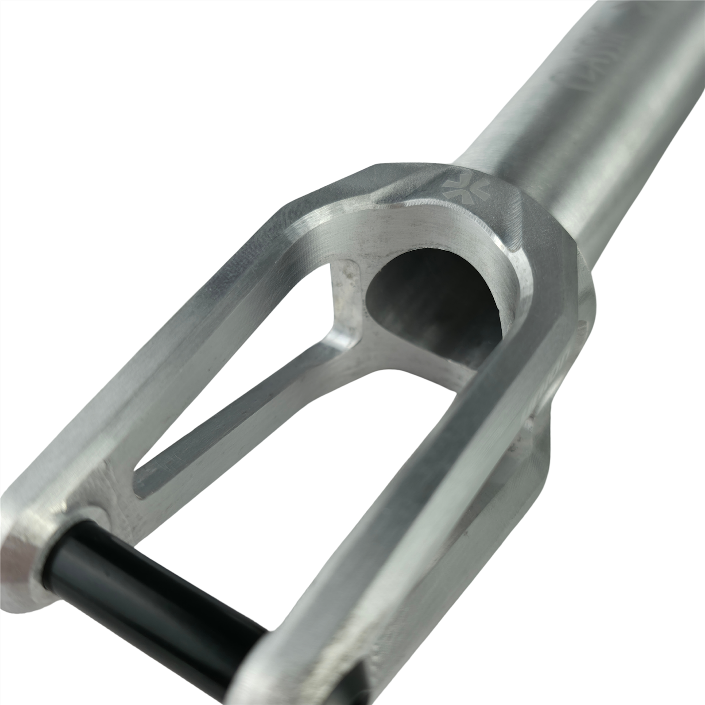 A close-up of the Union Classic Lightweight HIC/SCS Stunt Scooter Fork in polished aluminum highlights its sleek design and sturdy build, making it ideal for high-performance stunt riders.