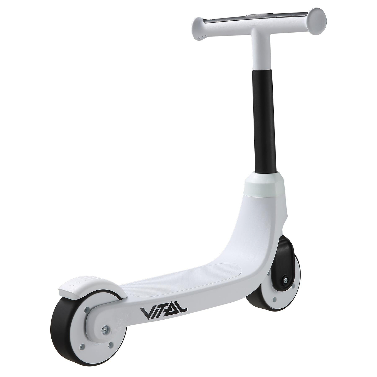 The Vital First Kids Scooter - White / Black features three wheels, a straight handlebar, black accents, and the "Vital" logo on the deck.