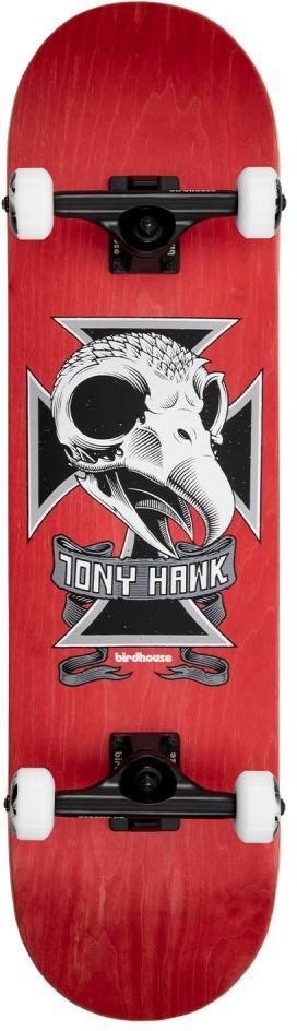 The Birdhouse Stage 3 Hawk Skull 2 Complete Skateboard (8.25" x 31.5") features black trucks, white wheels, and a striking bird skull graphic. Made from durable Canadian Maple by Birdhouse, it's ideal for beginner to intermediate skateboarders.
