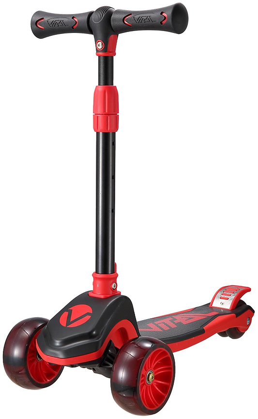 The Vital Tyke 3 Wheel Kids Scooter - Red by Vital features an adjustable handlebar, wide deck, and two large front wheels for stability—ideal as a first scooter for young riders.