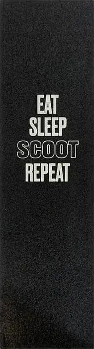 The Union Stunt Scooter Griptape - Eat & Sleep & Scoot features a black rectangular design with bold white text and an outlined "SCOOT"—ideal for your stunt scooter. From Union.