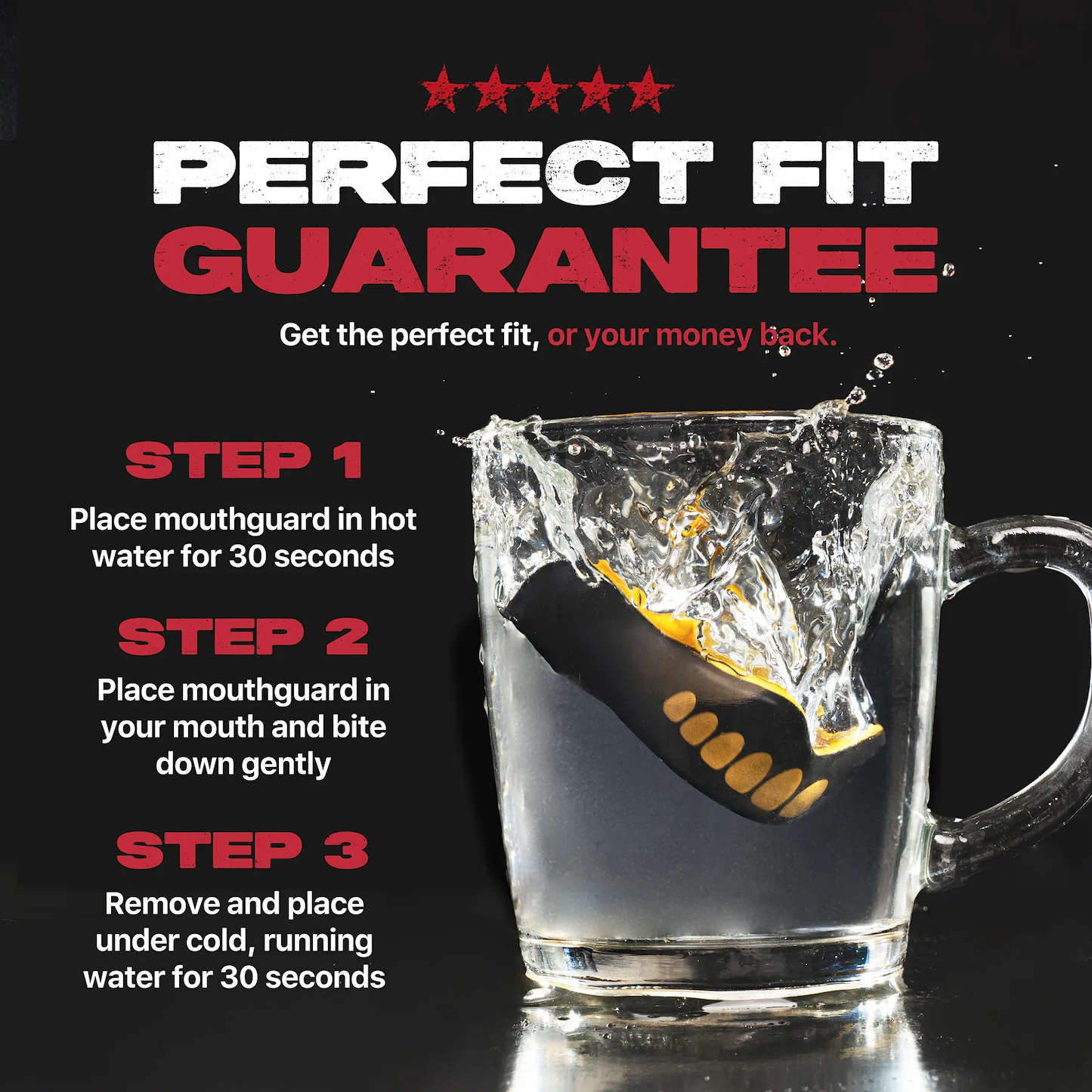 A Safejawz Extro Series Protection Mouthguard - Goldie splashes into water. Text reads: "Perfect Fit Guarantee." Steps below: heat the mouthguard, bite to mold, then cool under running water for hi-impact protection.