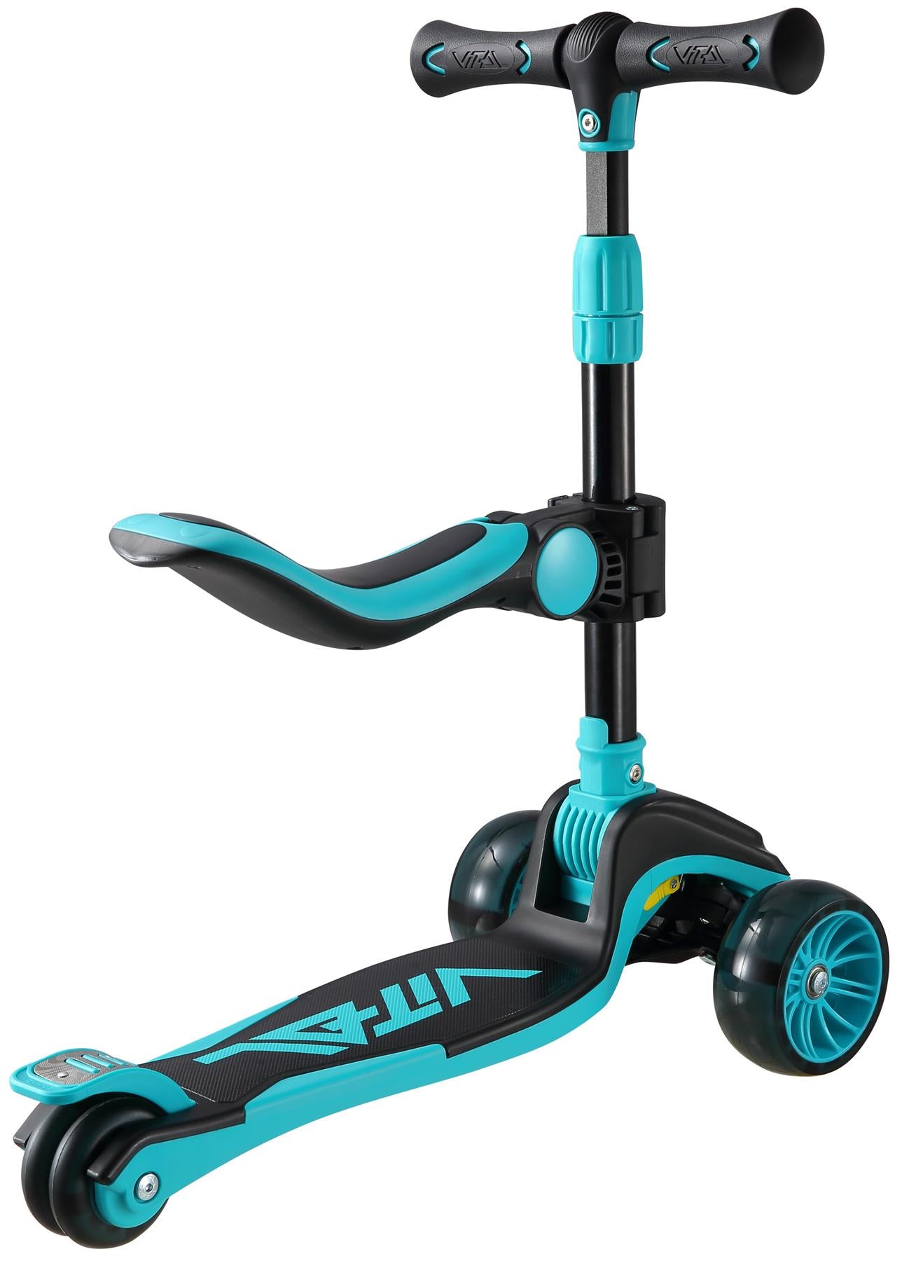 The Vital Tyke 3 Wheel Kids Scooter - Teal by Vital is a kids scooter with a seat attachment, two front wheels and one rear wheel, an adjustable handlebar, and a non-slip footboard for added stability.