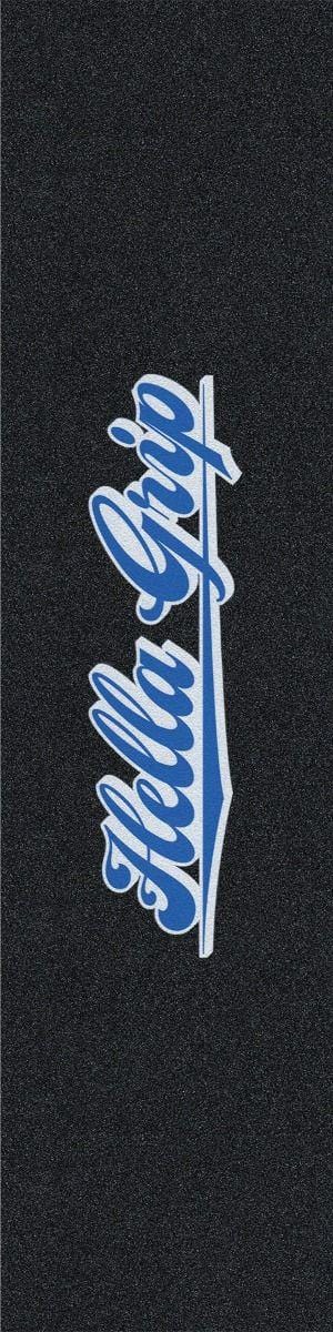 The Hella Grip Classic Stunt Scooter Griptape - Santorini features durable, weatherproof black grip tape with a blue and white vertical "Hella Grip" logo on textured backing for secure, lasting performance.