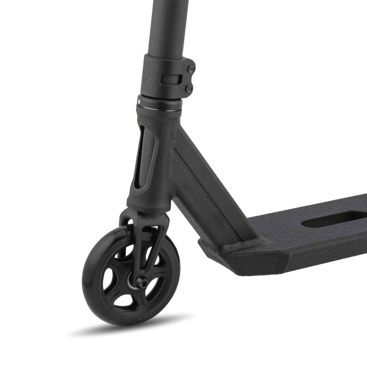 A close-up of the Drone Element 2 Feather-Light Complete Stunt Scooter in black showcases its Dual-Core Wheels and textured deck. The IHC aluminum fork is partially visible, complementing the minimalistic and sleek design of the handlebar stem, embodying the essence of Drone's Element 2 Feather-Light.