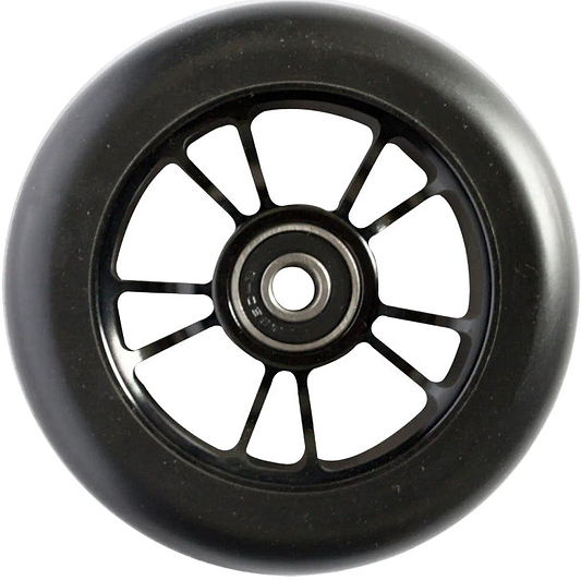 A close-up of the Blunt Envy 100mm Stunt Scooter Wheel in Black/Black, featuring a metal core with multiple spokes and an ABEC 9 bearing, shown against a white background.