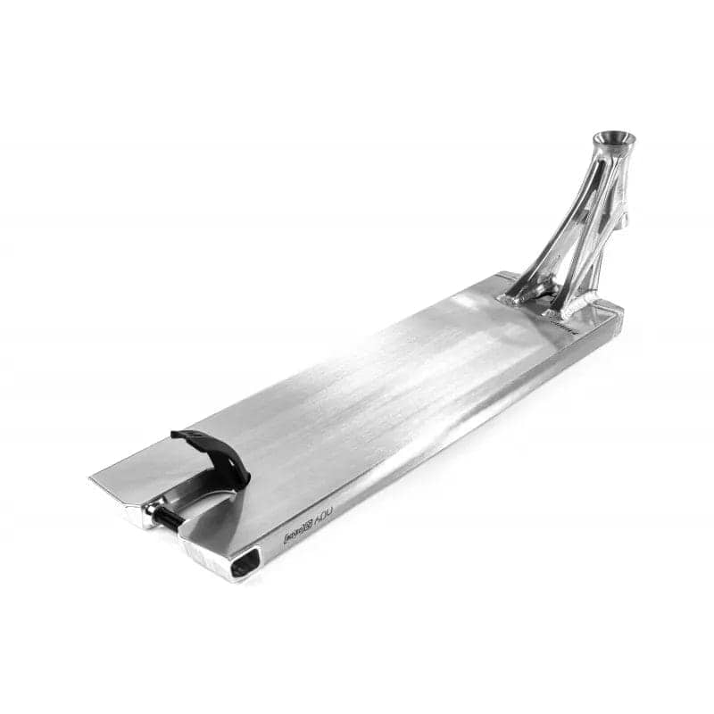 The Ethic DTC Lindworm V4 Raw Silver Stunt Scooter Deck, measuring 5.9" x 21.25", features a sleek silver design with cut-out sections near the neck to reduce weight. This street deck includes a brake attached at the rear and boasts a smooth, brushed metal finish.