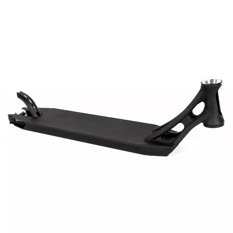 The Ethic DTC Vulcain V2 12 STD Black Stunt Scooter Deck - 5.5" x 22.8" boasts a sleek black finish with an angular, minimalist design set against a white background. It features cut-out details, a reinforced head tube for handlebars, and the 12 STD bearing system, making it ideal for urban stunt riding.