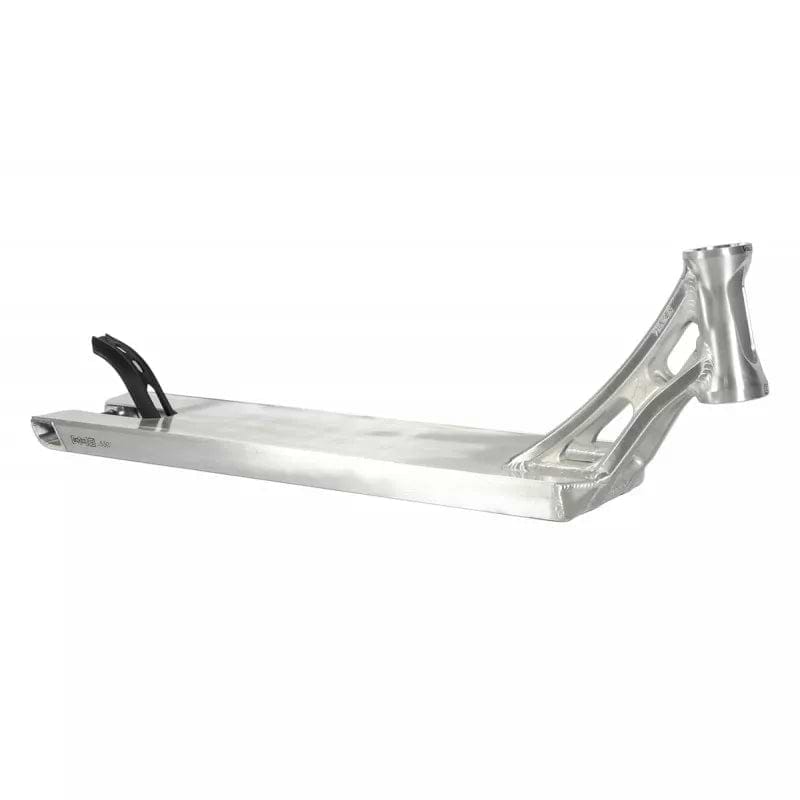 Introducing the Ethic DTC Vulcain V2 Boxed 12 STD Raw Silver Stunt Scooter Deck, measuring 5.5" x 22.8". This deck features a sleek, raw silver metallic design with a reinforced structure. The intricate cutouts on the neck not only reduce weight but also enhance style, while its smooth, flat base ensures optimal foot placement. It is compatible with the 12 STD bearing system for improved performance.