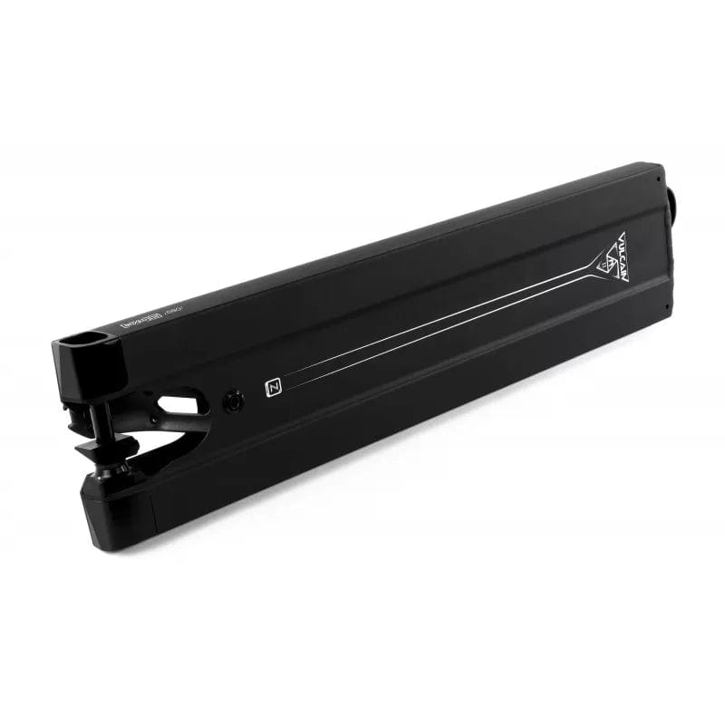 A black electric scooter battery with a sleek, rectangular design is displayed against a white background. It features sockets and connectors on one end, resembling the precise engineering of the Ethic DTC Vulcain V2 Boxed Stunt Scooter Deck, and branding text on the side.