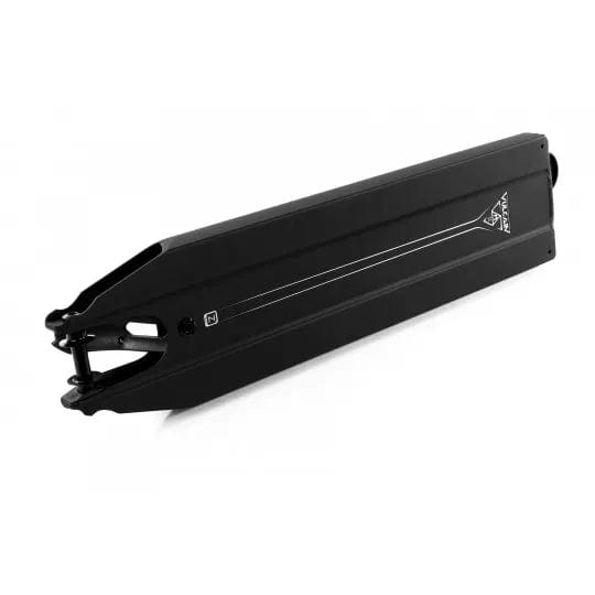 The Ethic DTC Vulcain V2 12 STD Black Stunt Scooter Deck, sized at 5.5" x 22.8", features a sleek black finish with a versatile deck designed to integrate a 12 STD bearing system. A fine white line enhances its elegance, complemented by minimalist branding on the top, and the rear wheel bracket is subtly visible at one end.