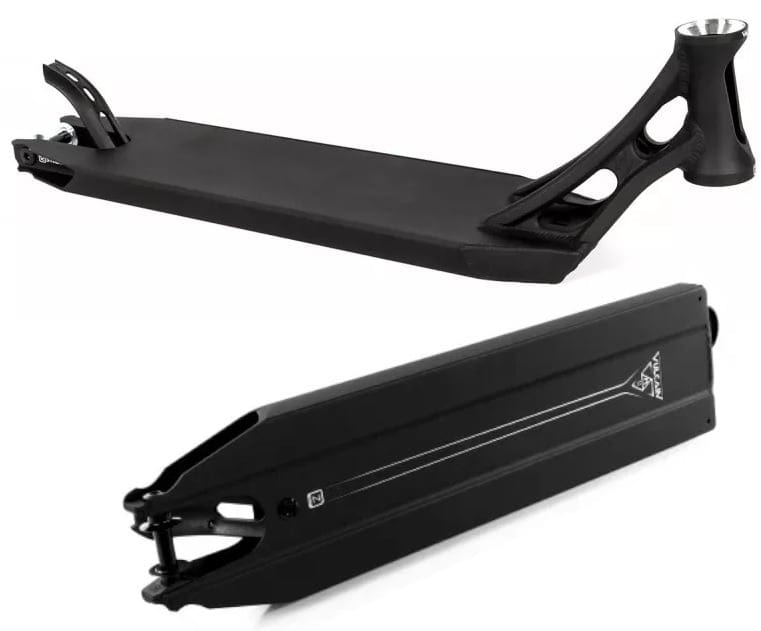 A black Ethic DTC Vulcain V2 12 STD Stunt Scooter Deck, measuring 5.5" x 22.8", is displayed from two perspectives. The top view emphasizes its elegant design, while the bottom view features the logo and intricate details. This adaptable deck includes a headtube for handlebars and is designed to be compatible with the 12 STD bearing system for smooth rides.