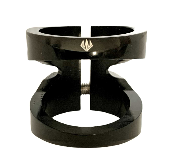 Introducing the Entity Exile 2 Bolt Oversized Stunt Scooter Clamp in a sleek black finish. This glossy clamp designed by Entity showcases a minimalist aesthetic, featuring a subtle white emblem on top. It is both durable and lightweight, with a hollow center and an easily visible threaded screw, all presented against a simple white backdrop.