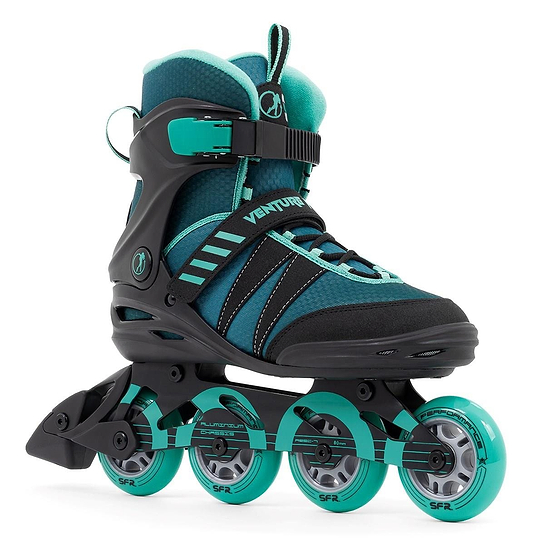 The SFR Venture Pro Inline Skates - Teal are shown, featuring four wheels with teal exteriors and silver interiors, a secure boot design with straps and padded comfort. "VENTURA" is visible on the side, and they come equipped with high-performance ABEC-7 bearings.
