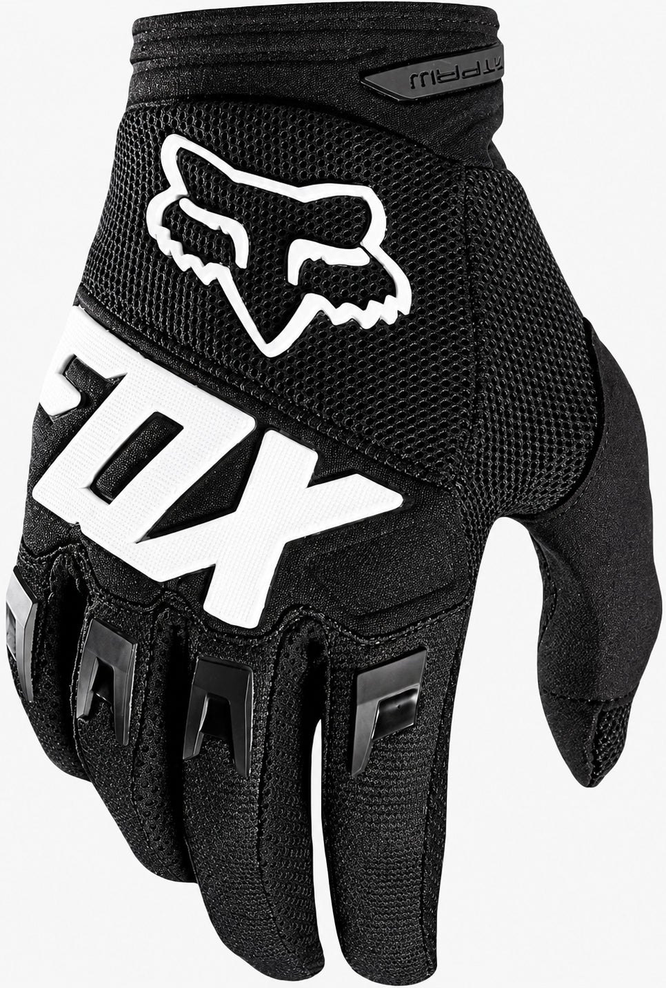 The FOX Dirtpaw Skate Protection Gloves in black/white feature a white FOX logo and lettering on the back, a padded palm for comfort, and are designed for motocross or mountain biking.