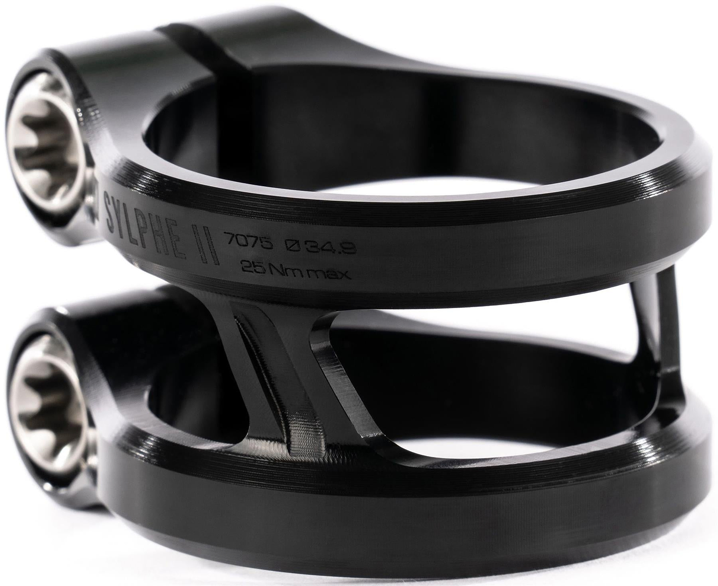 Close-up of the Ethic DTC Sylphe V2 2 Bolt Oversized Stunt Scooter Clamp by Ethic in black, crafted from 7075 aluminum with engraved "SYLPHE II 7075 Ø34.9 25 Nm max." text and a sleek, modern design for lightweight performance.