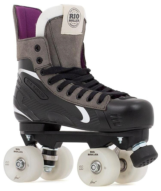 The Rio Roller Flow Hockey Quad Roller Skates feature a black and gray boot with a purple interior and sturdy black chassis, equipped with white "RIO ROLLER" branded flow wheels and a front black toe stop.