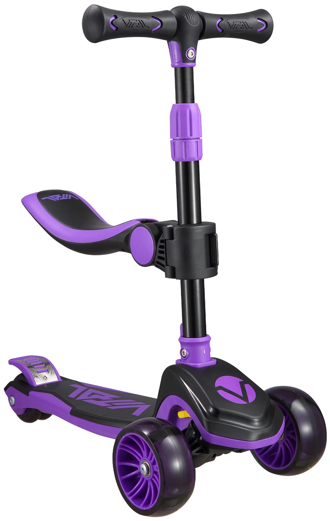 The Vital Tyke 3 Wheel Kids Scooter - Purple by Vital features a black and purple design, large front wheels, adjustable seat and handlebar—ideal as a first scooter for young children.